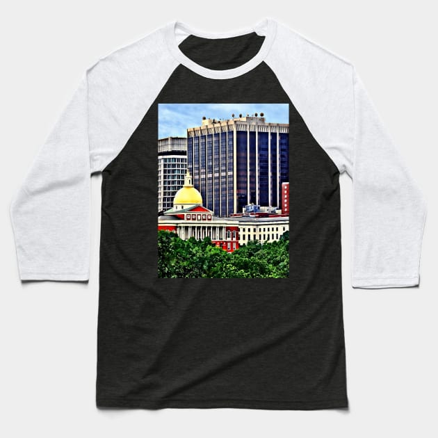 Boston MA - Skyline with Massachusetts State House Baseball T-Shirt by SusanSavad